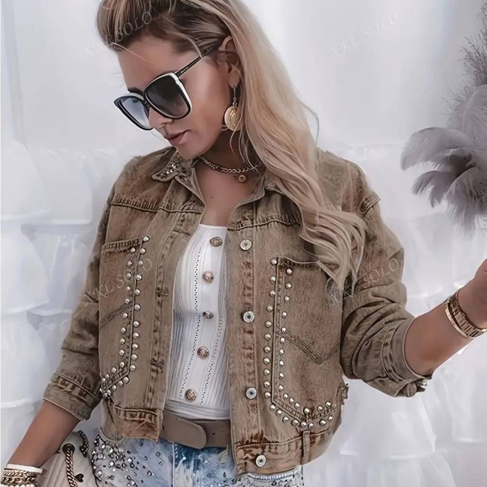 (14) Stylish Tan Denim Jacket with Studded Accents.